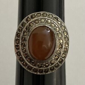 Vtg Sterling Silver Carnelian Oval Ring Size 5.5 Hematite Signed B&E 925 4.44g